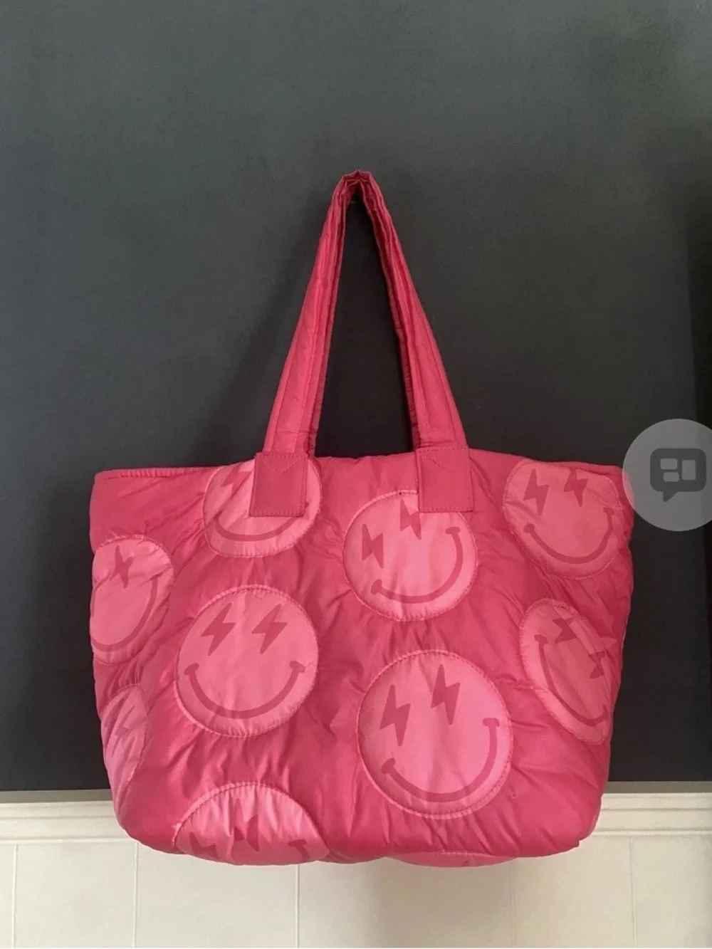 Sincerely Jules Pink Smiley Face Puffer Tote Bag Stitched Quilted Shoulder Bag
